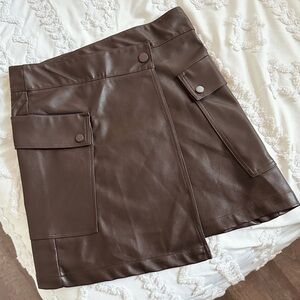 Brown Faux Leather Skirt with Pockets